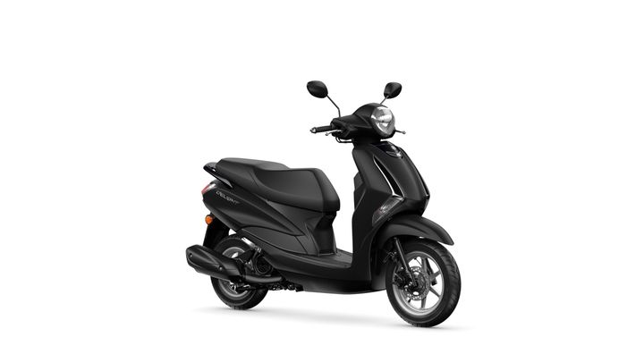 A sleek, black scooter parked on a white background, featuring a modern design with a rounded headlight and comfortable seat.