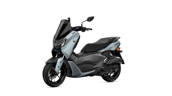 A sleek, modern scooter in a two-tone design of light blue and black, featuring a sporty front fairing, single seat, and stylish alloy wheels, positioned against a white background.