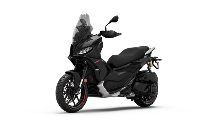 A sleek black scooter with a tall windshield, sporty design, and dual-tone accents, showcased from a slight front-left angle against a white background.
