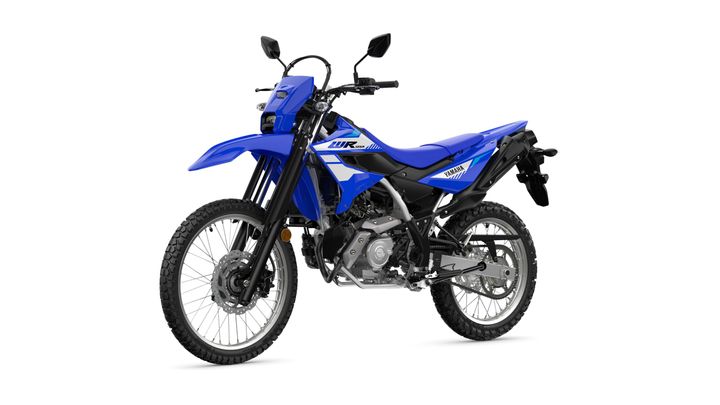A blue Yamaha WR 125R dirt bike is displayed against a white background, showcasing its off-road design with knobby tires, a tall front fender, and a sleek frame.