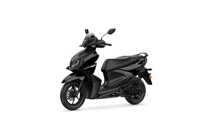 A sleek black Yamaha scooter angled to the right, showcasing its modern design, front headlight, and minimalist aesthetic against a white background.