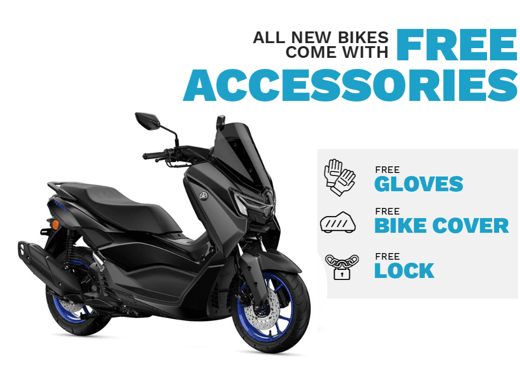 A sleek black scooter with blue accents is displayed, accompanied by promotional text highlighting that all new bikes come with free accessories: gloves, a bike cover, and a lock.