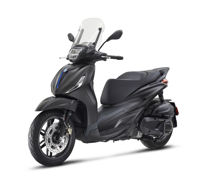 A sleek black scooter with a tinted windscreen, modern design, and dual-tone seat, displayed at a slight angle to emphasize its features.
