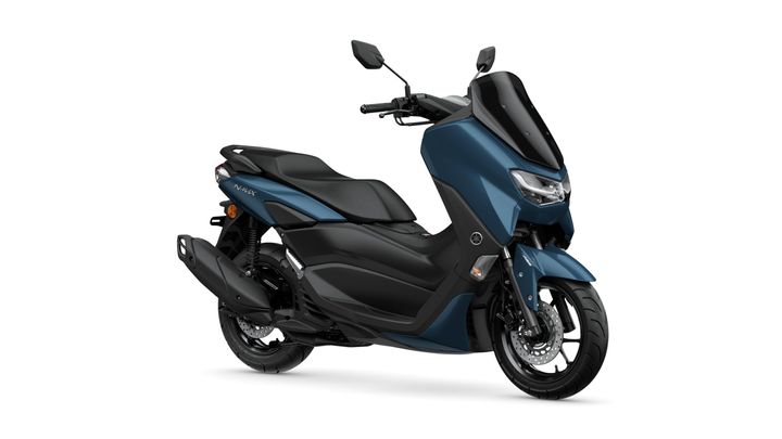 A sleek blue scooter with a modern design, featuring a large windshield, a comfortable seat, and stylish front and rear lights, positioned on a white background.