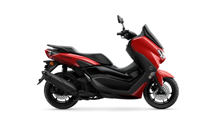 A red Yamaha NMAX scooter displayed in profile, showcasing its sleek design, black accents, and modern features.