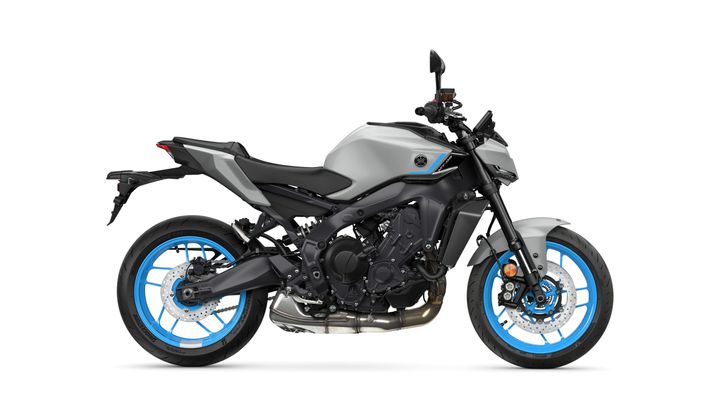 A sleek gray motorcycle with blue wheels displayed against a white background, showcasing a modern design with a sporty aesthetic.
