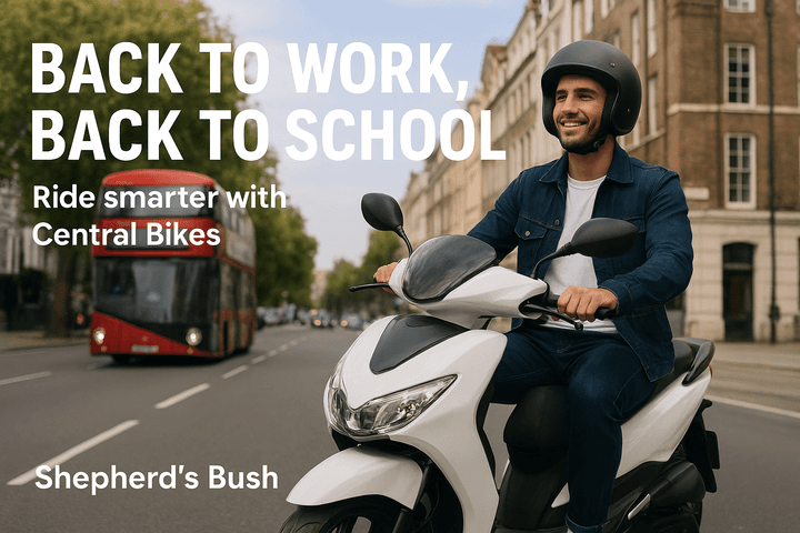 A young man wearing a helmet smiles while riding a white scooter on a city street, with a red double-decker bus in the background. Text overlay promotes Central Bikes for commuting back to work or school.