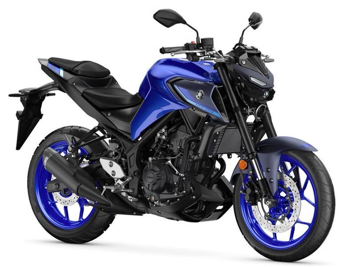 A blue Yamaha motorcycle with a sleek design, featuring a black seat, sporty wheels, and modern handlebars, positioned for display.