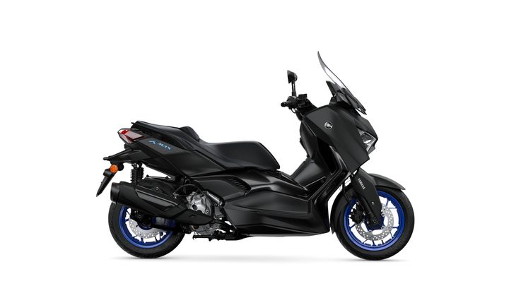 A sleek black Yamaha XMAX scooter with blue accents, viewed from the side against a white background.
