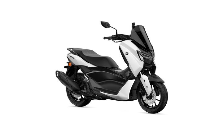 A sleek black and white Yamaha NMAX scooter positioned at an angle, showcasing its modern design and features.