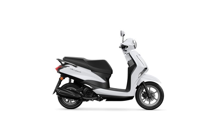 A sleek white scooter with black accents, featuring a modern design, parked in profile view against a clean background.