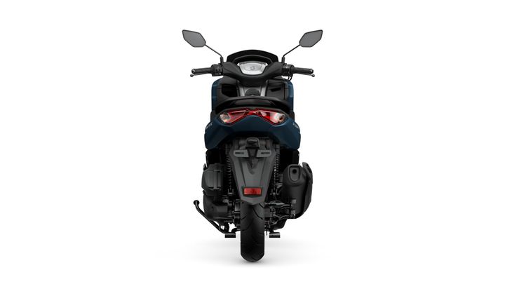 A rear view of a dark-colored scooter with a sleek design, featuring a prominent tail light, mirrors, and a single tire on a clean white background.