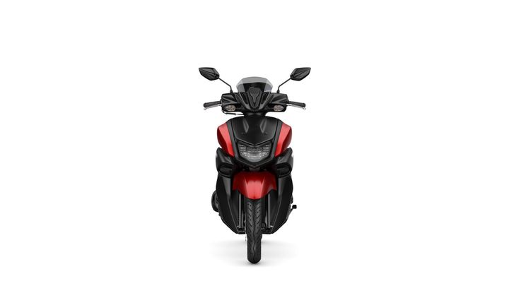 A front view of a black and red scooter with dual mirrors, sleek design, and illuminated headlights against a white background.