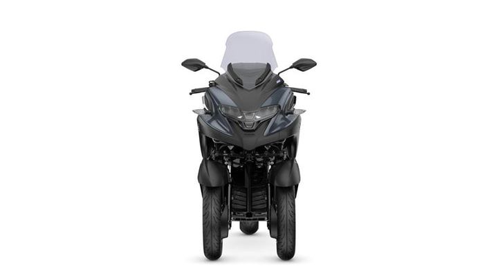 A sleek, modern three-wheeled motorcycle viewed from the front, featuring a black body, prominent windshield, and dual front tires.