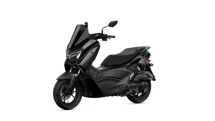 A sleek, black scooter is shown from the side, featuring modern design elements, a comfortable seat, and sporty wheels.