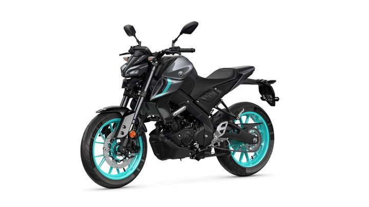 A sleek, modern motorcycle with a metallic black body and bright turquoise accents on the wheels and logo, positioned at a slight angle against a white background.