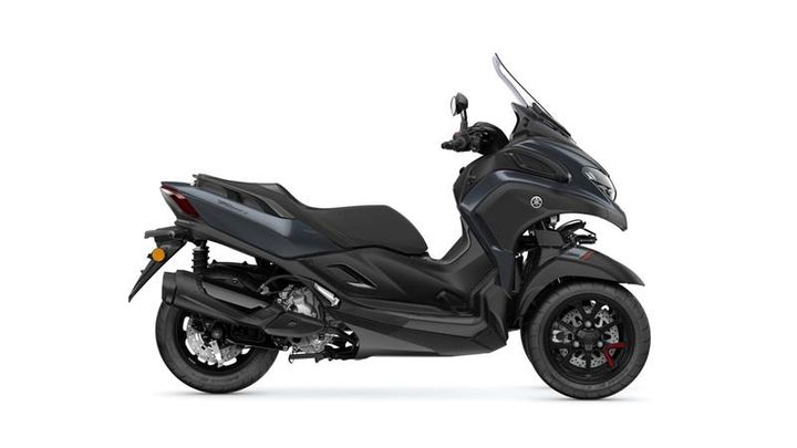 A sleek black scooter with a modern design, featuring a large windshield, ergonomic seat, and a three-wheeled configuration, displayed from the side.