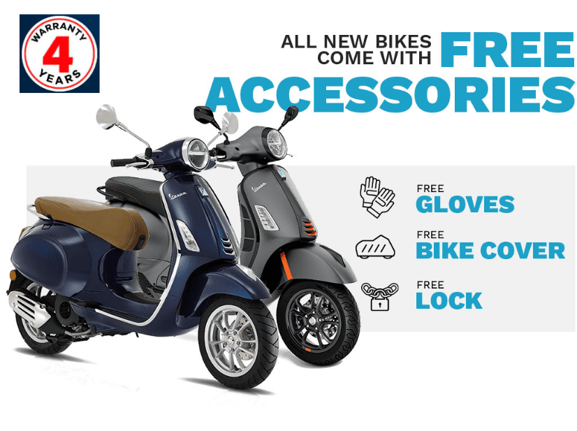 Two stylish scooters, one blue with a brown seat and one gray, are displayed prominently. Text highlights a 4-year warranty and offers free accessories: gloves, a bike cover, and a lock.