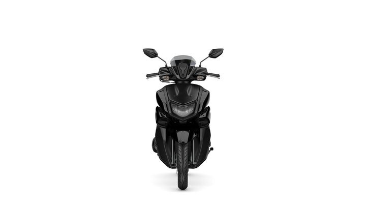 A sleek black scooter viewed from the front, featuring a prominent headlight, mirrors, and a streamlined design.