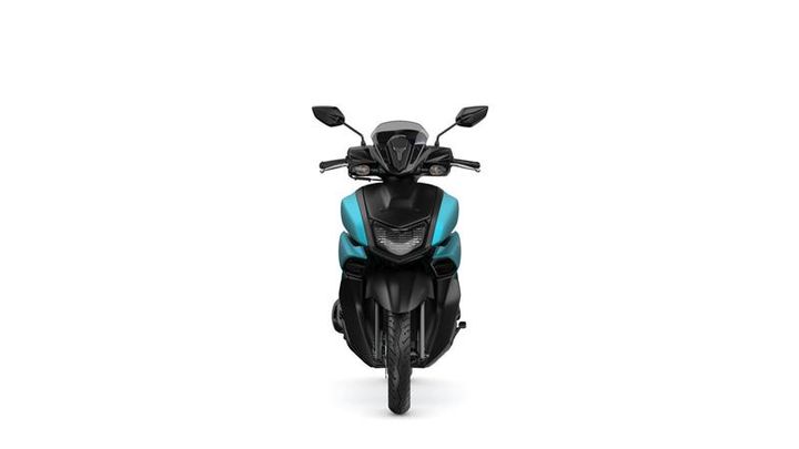 A front view of a modern scooter featuring a sleek design with a black body and turquoise accents. The scooter has a distinct headlight design and mirrors positioned on either side.