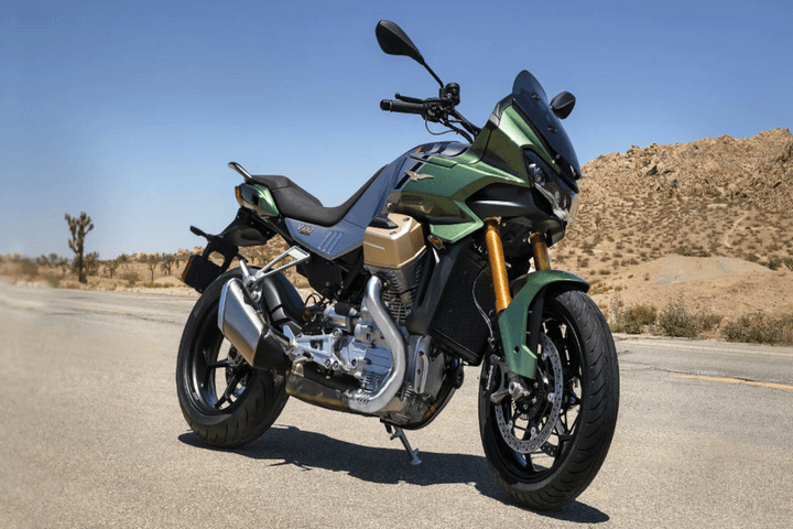 Left facing green Moto Guzzi V100 Mandello motorcycle