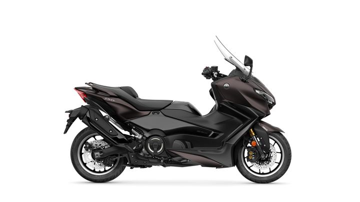 A sleek, modern scooter in dark metallic brown, featuring a streamlined design, advanced windshield, and sporty wheels, positioned against a plain white background.