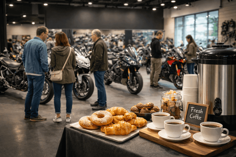 A motorcycle showroom featuring several motorcycles in the background, while a table in the foreground displays fresh coffee, pastries, and baked goods; three people are engaged in conversation nearby.