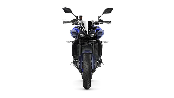 Front view of a blue and black motorcycle with a sleek design, showing the headlight, handlebars, and front wheel on a white background.