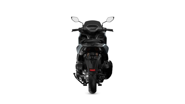 A black motorcycle viewed from the front, showcasing the handlebars, mirrors, and body design against a white background.