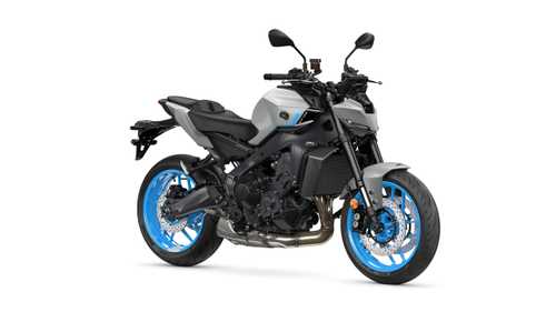 Yamaha 2025 MT-09 A sleek gray motorcycle with blue wheels and black accents, showcasing modern design and sporty features, positioned at a slight angle to the right against a white background.