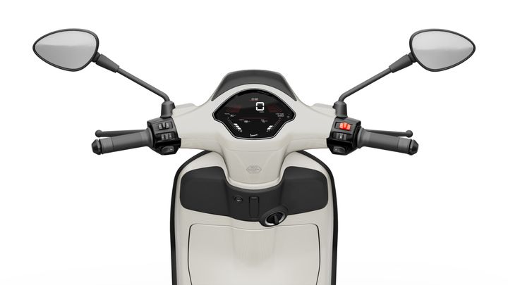 Close-up view of a scooter's handlebar, featuring dual mirrors, a digital dashboard displaying speed and other metrics, and controls on both grips, all set against a white background.