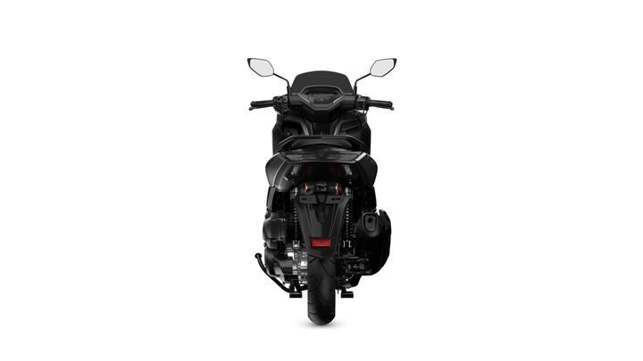 Front view of a sleek, black motorcycle featuring dual mirrors, handlebars, and a prominent rear tire set against a white background.