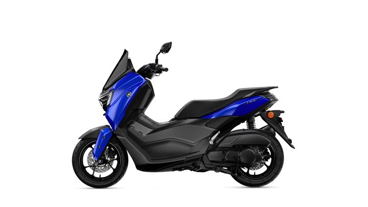 A blue Yamaha NMAX scooter shown in profile, featuring a sleek design with a black seat and accents, along with a tall windshield and sporty wheels.