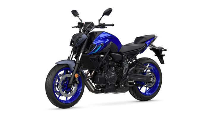 A sleek blue and black motorcycle with a modern design, featuring a prominent front fender, sporty headlights, and a distinct frame showcasing its engine and exhaust.
