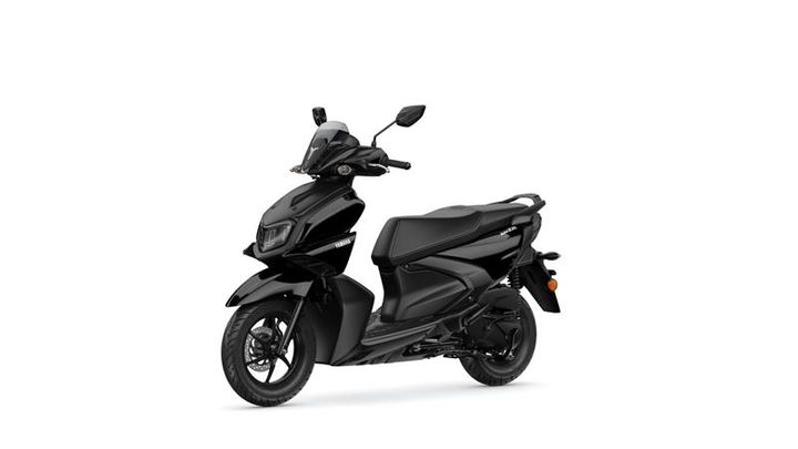 A sleek black scooter is positioned at a slight angle, showcasing its modern design and features, including a streamlined body, headlights, and handlebars.