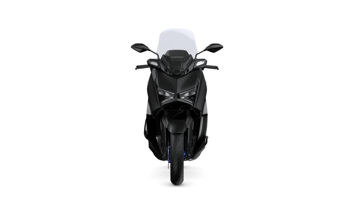 Front view of a sleek, black scooter with angular headlights and a transparent windscreen against a white background.