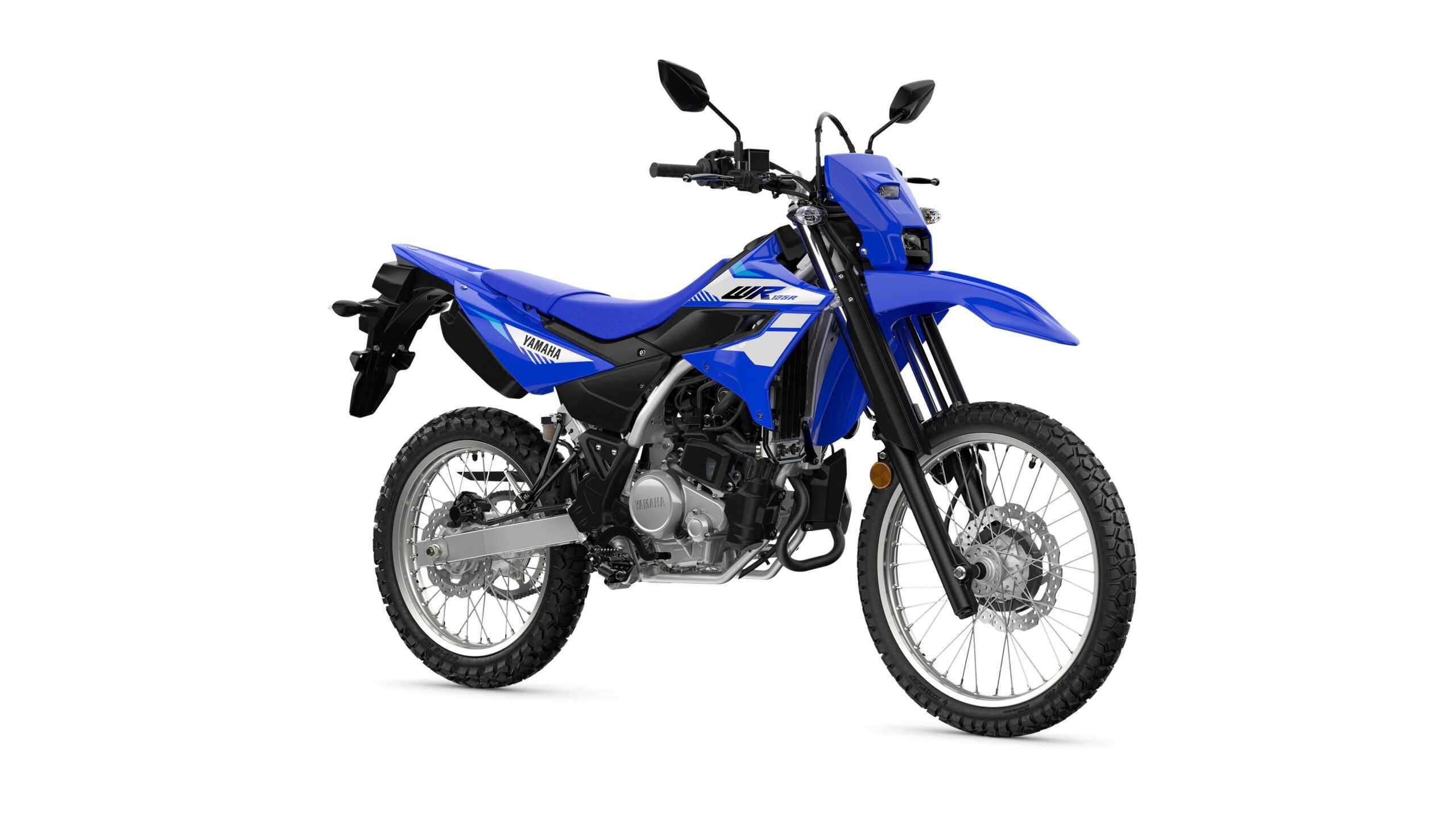 Yamaha WR125R A blue Yamaha dirt bike with a modern design, featuring aggressive styling, dual sport tires, and a high front fender, positioned on a white background.