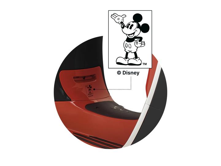 A self-balancing personal transporter with red and black coloring displaying a sticker or imprint of a classic animated character in the top right corner.